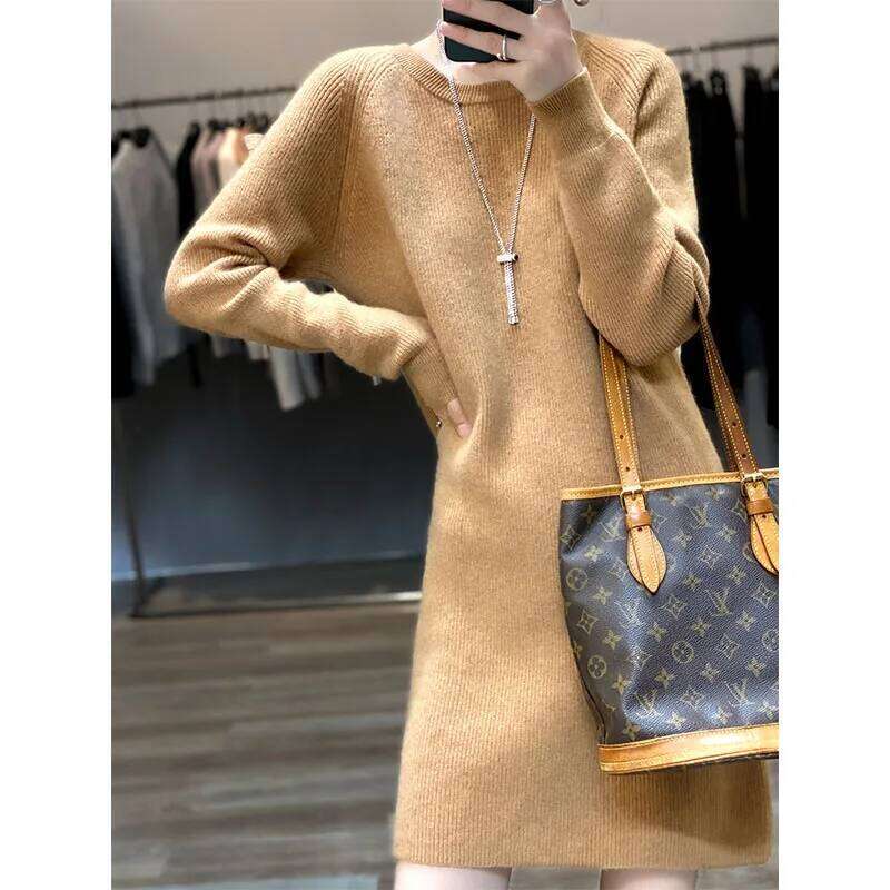 Knit Dresses for Women's Fashion Sweater 100% Merino Wool Winter Ladies O-Neck Warm Knitted Dress Fall Female Casual Black Skirt Z260314