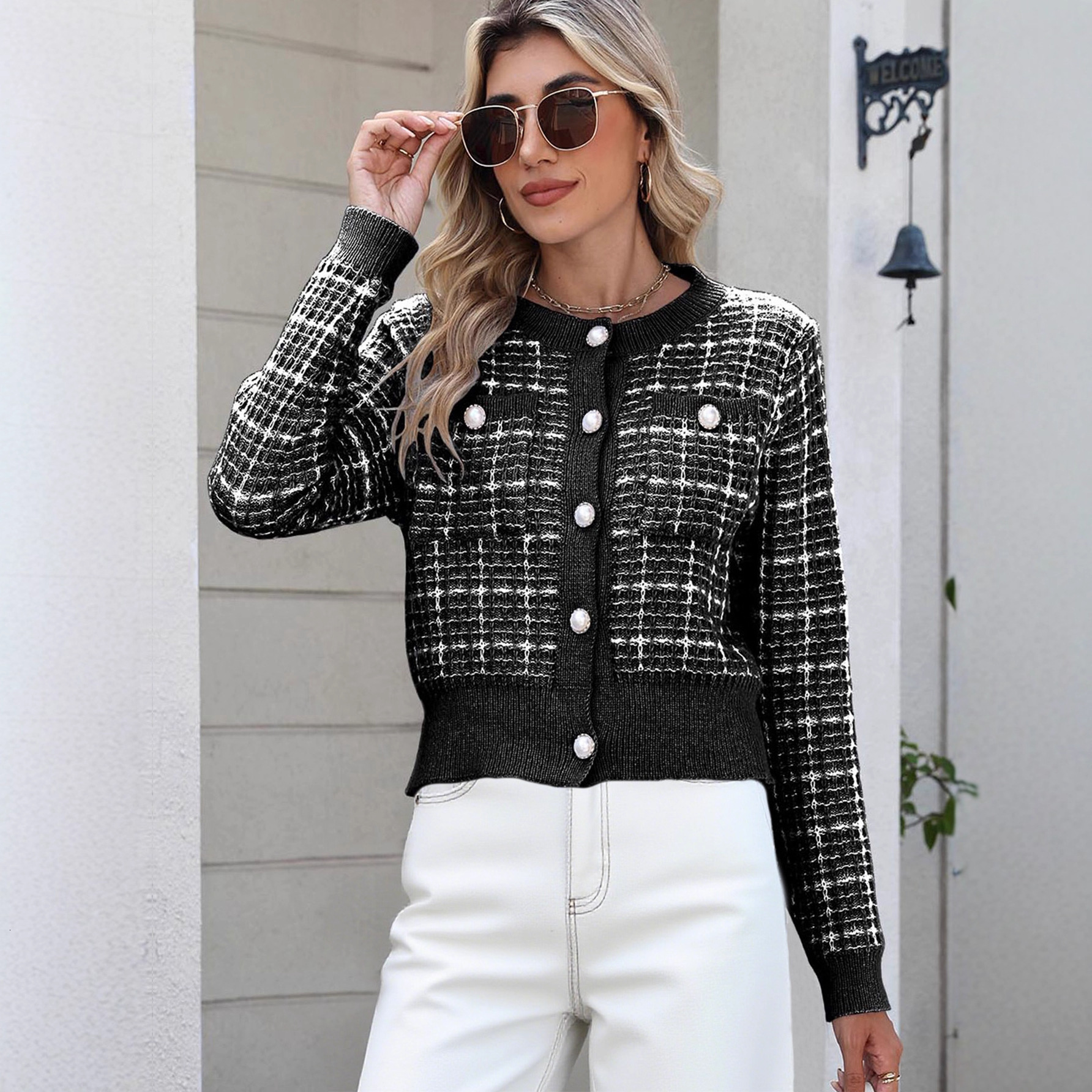 Luxury Brand Designer Clothes 2025 European And American Women's Fashion Plaid Knitted Cardigan, Elegant Jacket With Pearl Buttons, Stylish Women