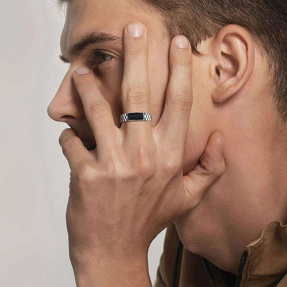 Black Rectangle Men Boys,Classic Square Metal Ring Chessboard Ring,Casual Gifts for Him H260312