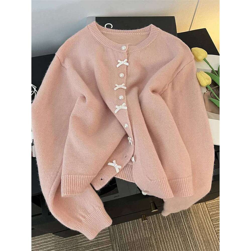 Sweet Knitted Cardigans Women Bow Design Gentle Casual Pearl Button Outwear Autumn Winter Japanese Style Aesthetic Soft Girls Z260314