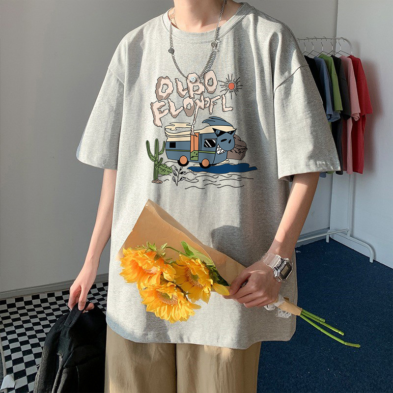 100% Cotton Short Sleeve T-Shirt, Plus Size for 300 Lbs Men, Summer Casual Student Style Printed Korean Loose Half Sleeve Tees