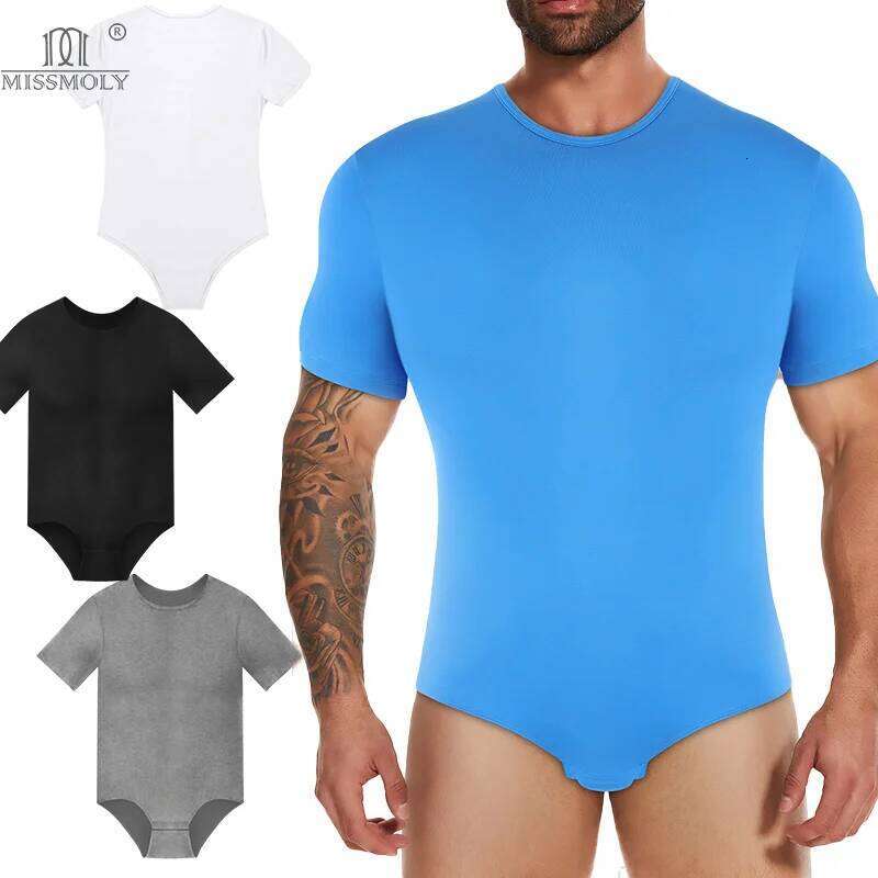 Mens Round Neck Bodysuit Short Sleeve Jumpsuit Press Crotch Underwear Adult Leotard for Shapewear Compression Romper Undershirt 26Y0313