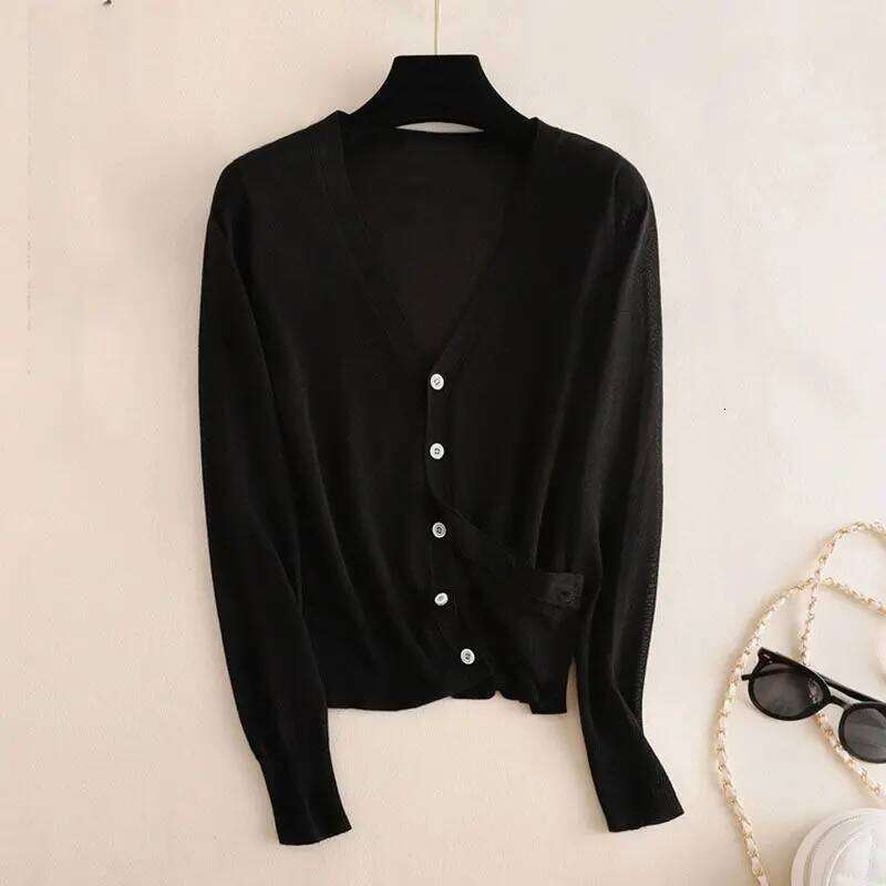 Women Clothing Fashion Knit Thin Long Sleeve Shirts Summer Casual Loose Solid V-neck Blouses Lady All-match Chic Sunscreen Tops Z260313