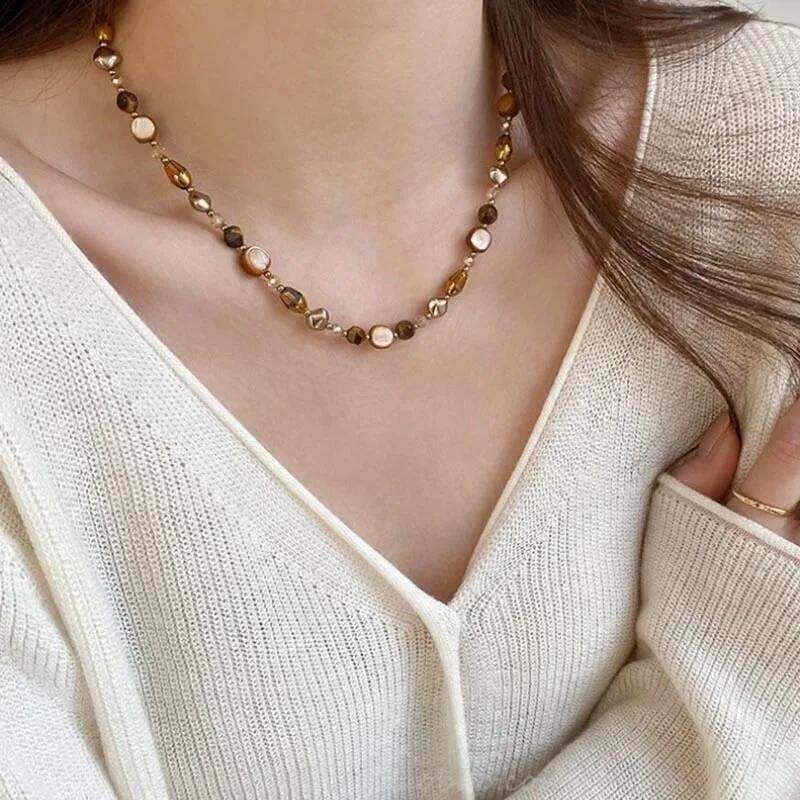 Vintage Maillard Natural Tiger Eye Stone Choker Necklace for Women Summer Handmade Geometric Beaded Chains Strand Jewelry Gift H260312
