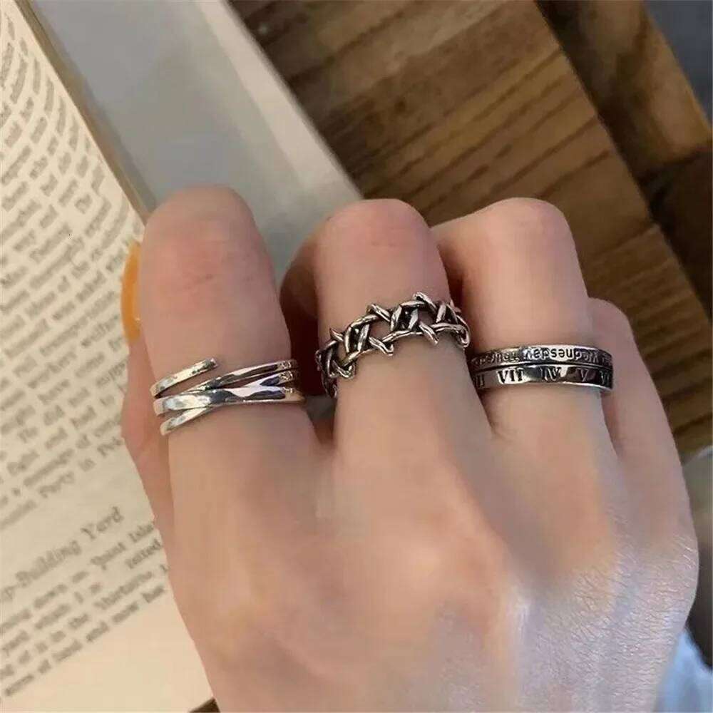 LATS Vintage Pink Roman Numerals Cool Rings Set for Women Rock Hip Hop Twist Geometry Open Ring Fashion Ins Jewelry Gifts H260312