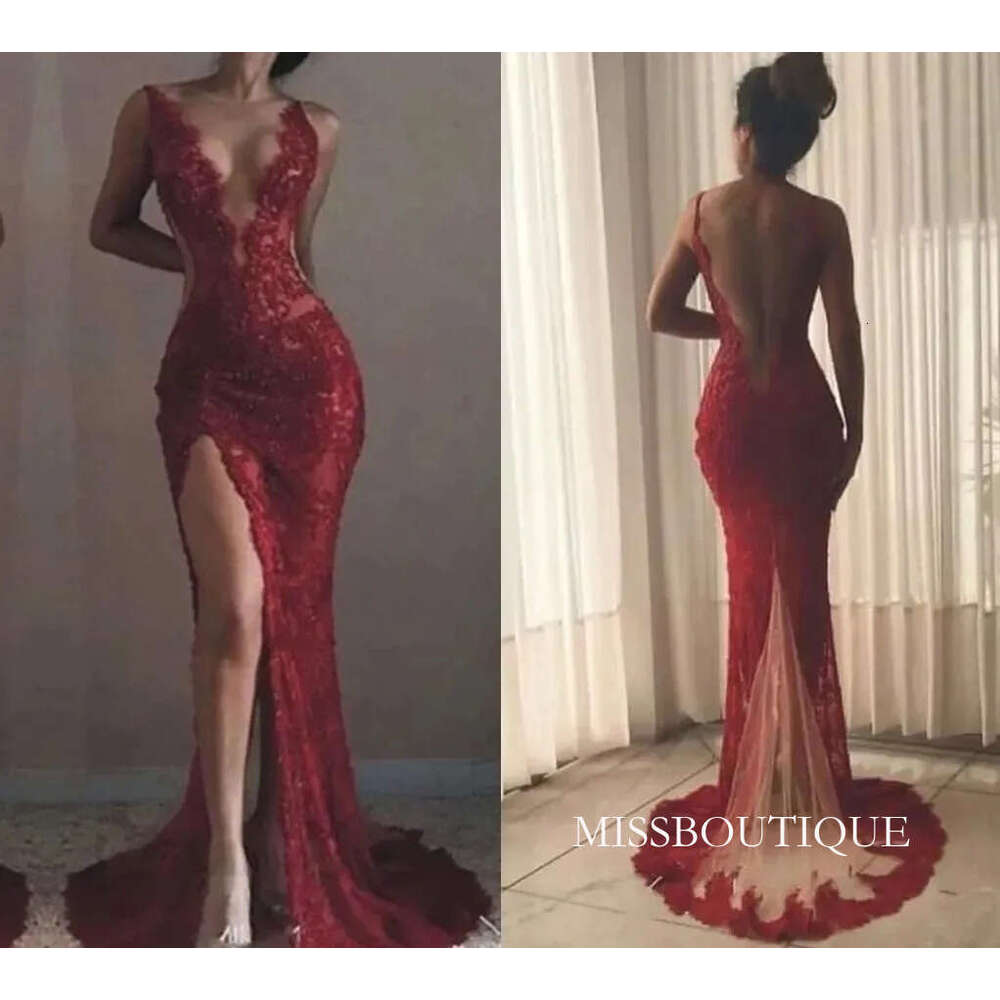 Sexy Burgundy Lace Evening Dresses Backless V Neck Appliques High Split Mermaid Formal Prom Party Gowns Robe De Soiree Vestidos Ba6811 B0313