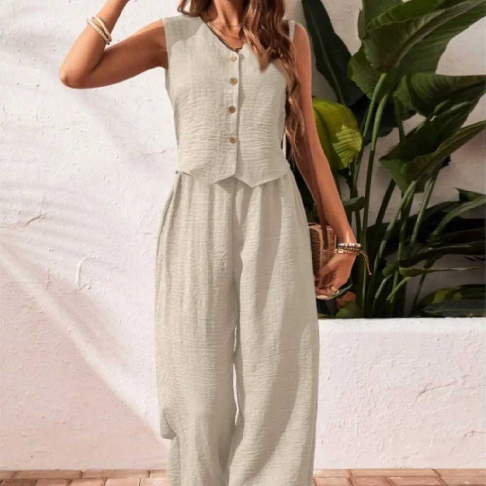 Casual Cotton Trousers Set Summer Loose Comfortable V-neck Single-breasted Sleeveless Vest Elastic Waist Trousers Two-piece Set M260313