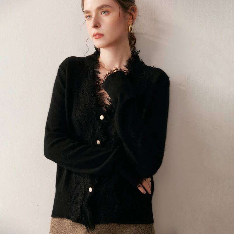 Autumn/Winter Women's 100% Pure Cashmere Cardigan Casual Solid Lace Knitted Sweater Fit V-neck Tops Warm Single breasted Jumper Z260314