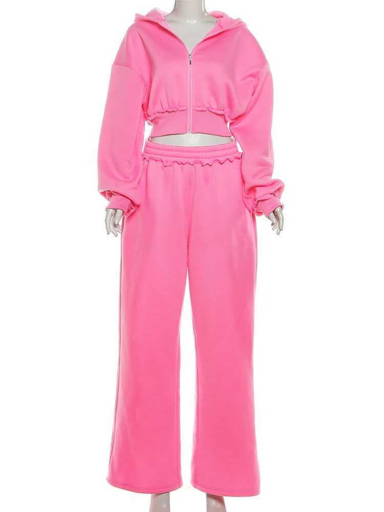 Kliou Casual Sporty 2 Piece Set Woman Zip Cardigan Full Sleeve Hooded Crop JacketElastic Waist Long Pants Daily Fashion Outfits M260313