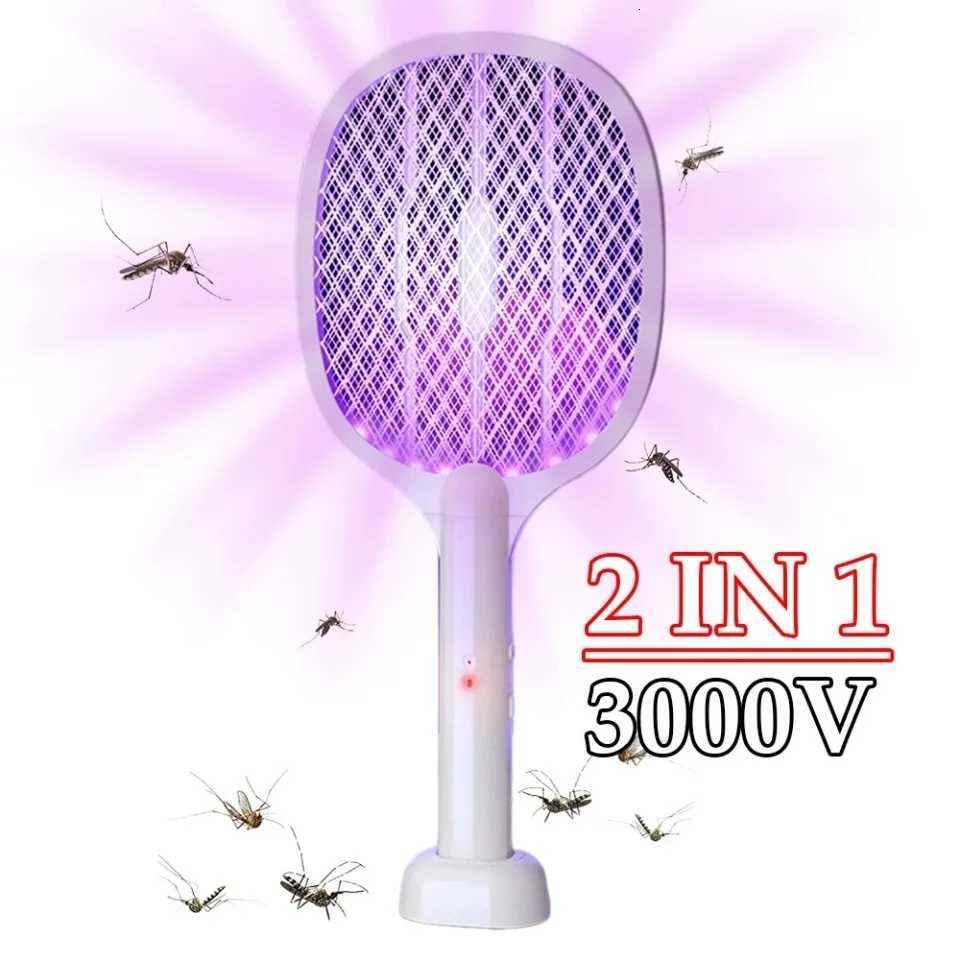 Handheld Electric Fly Swatter Bug Zapper Racket 2 in 1 USB Rechargeable Mosquito Killer Lamp Pest Control 3000V H260313