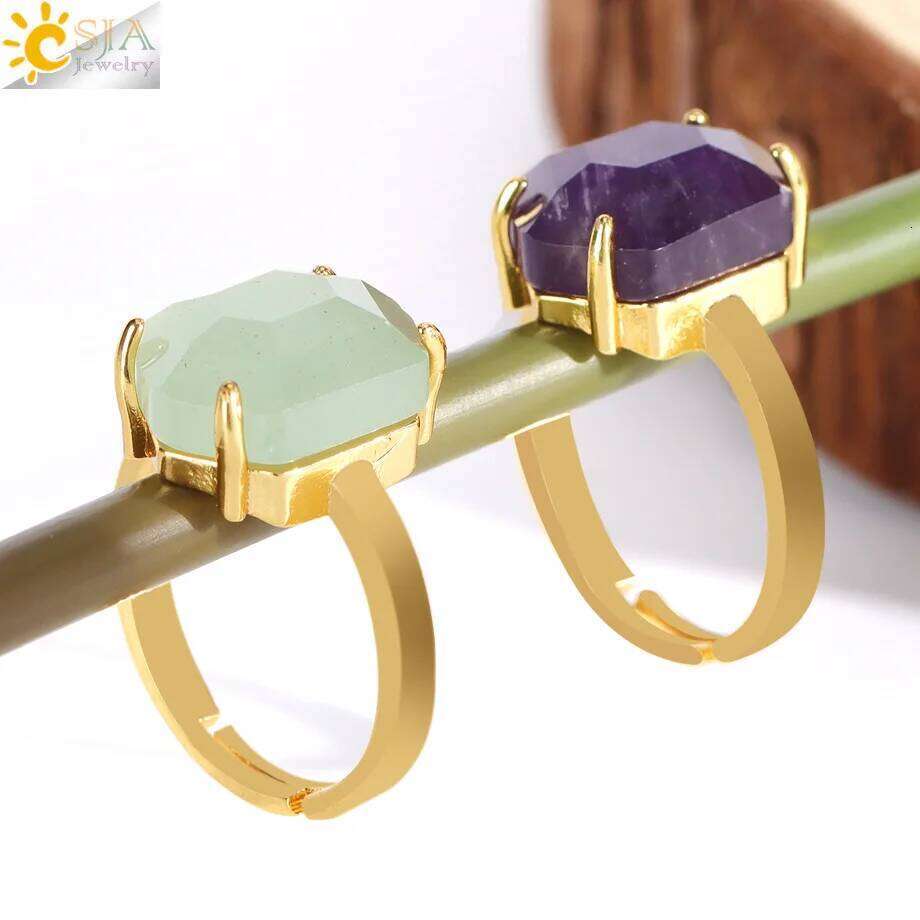 CSJA Natural Stone for Men Faceted Crystal Healing Tiger Eye Amethysts Gold Color Ring Jewelry Accessorise H544 H260312