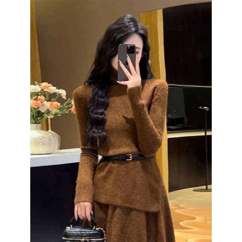 Female Knit Dress Retro Maxi Evening Turtleneck Robe Women's Crochet Dresses Grey Long Basic Youthful Elegant Pretty Luxury New Z260314