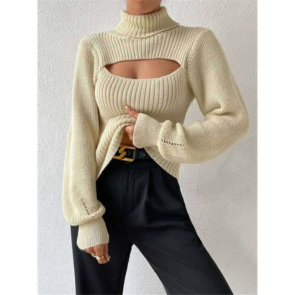 Autumn Women's Turtleneck Design Hollow Solid Color Long Sleeve Warm Pit Strip Fashion Winter Pullover Female Sweater Z260313