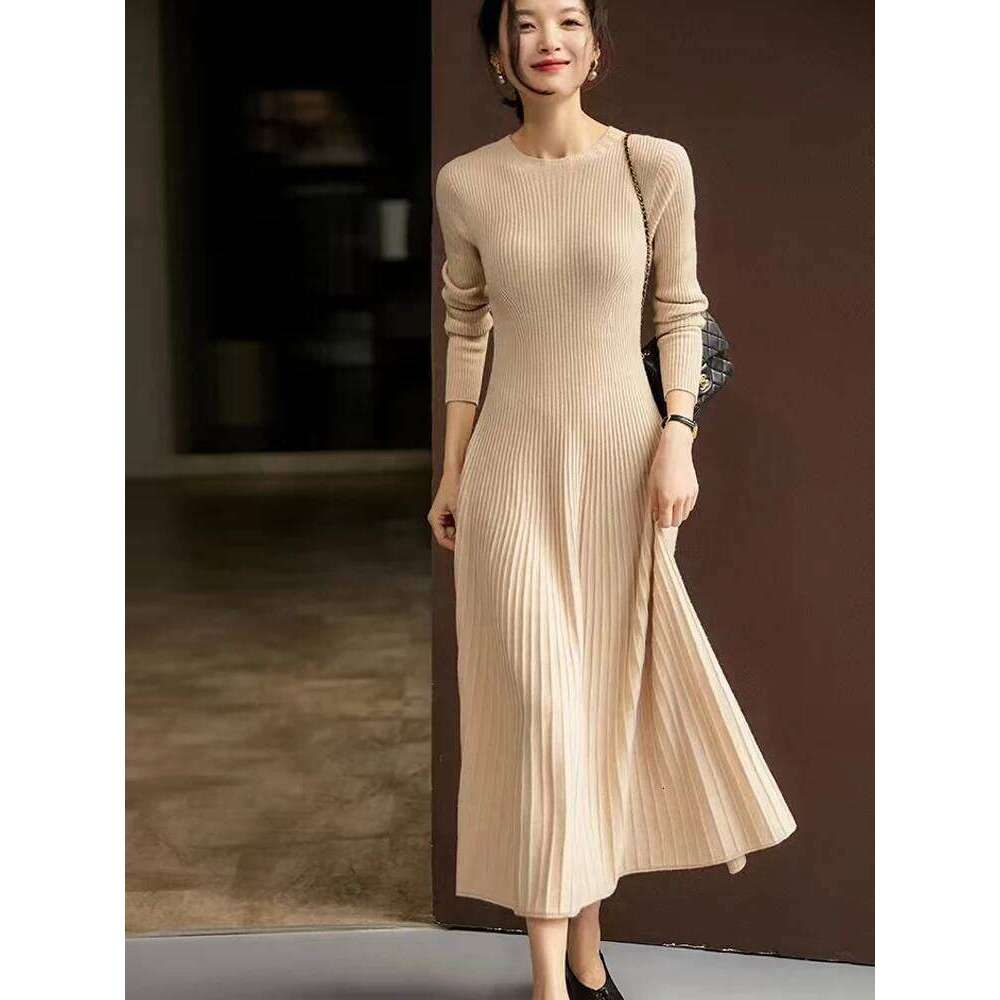 Women Sweater 100% Merino Wool A-Line Pleated Skirts Spring Autumn Pullover Cashmere Thin Slim Flare Dress O-neck Knitwear Z260313