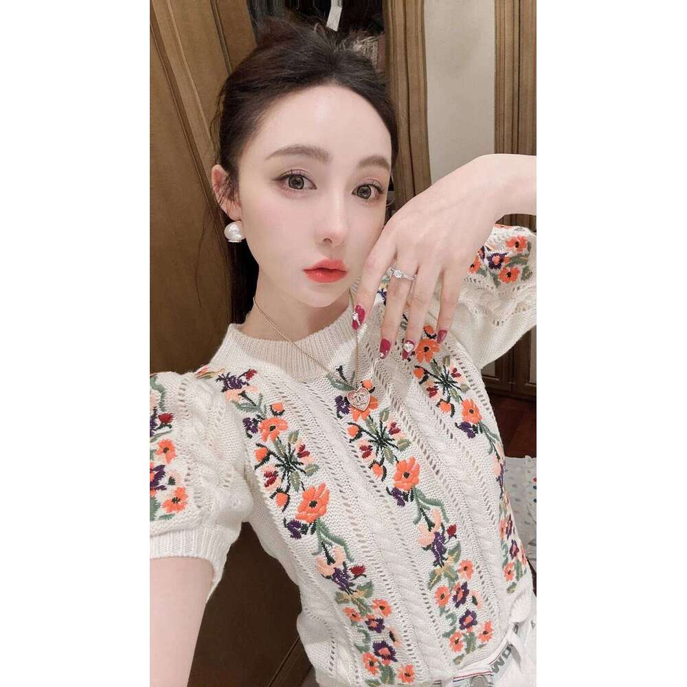 Vintage Elegant Embroidered Knitted Sweater Tshirt Women Summer Puff Sleeve O-neck Tops Pullovers Stylish Fashion Chic Knitwear Z260313
