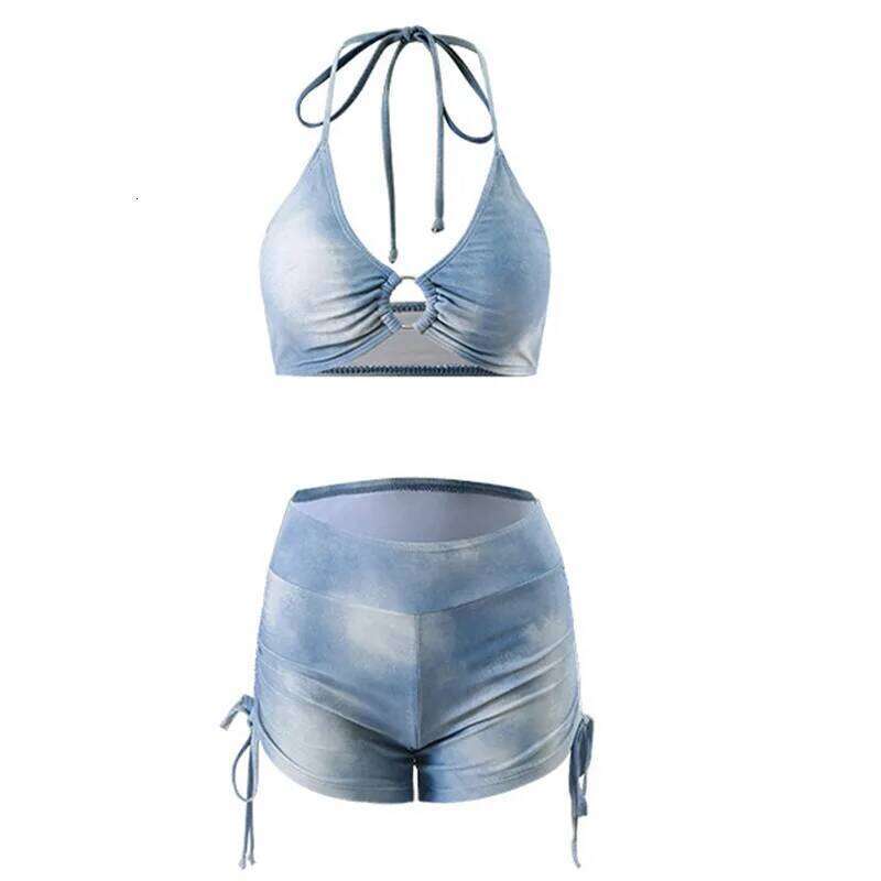 Blue Tie Dye Split Bikini Cover, Sexy Women's Hot Spring Swimsuit Three Piece Set 26H0313