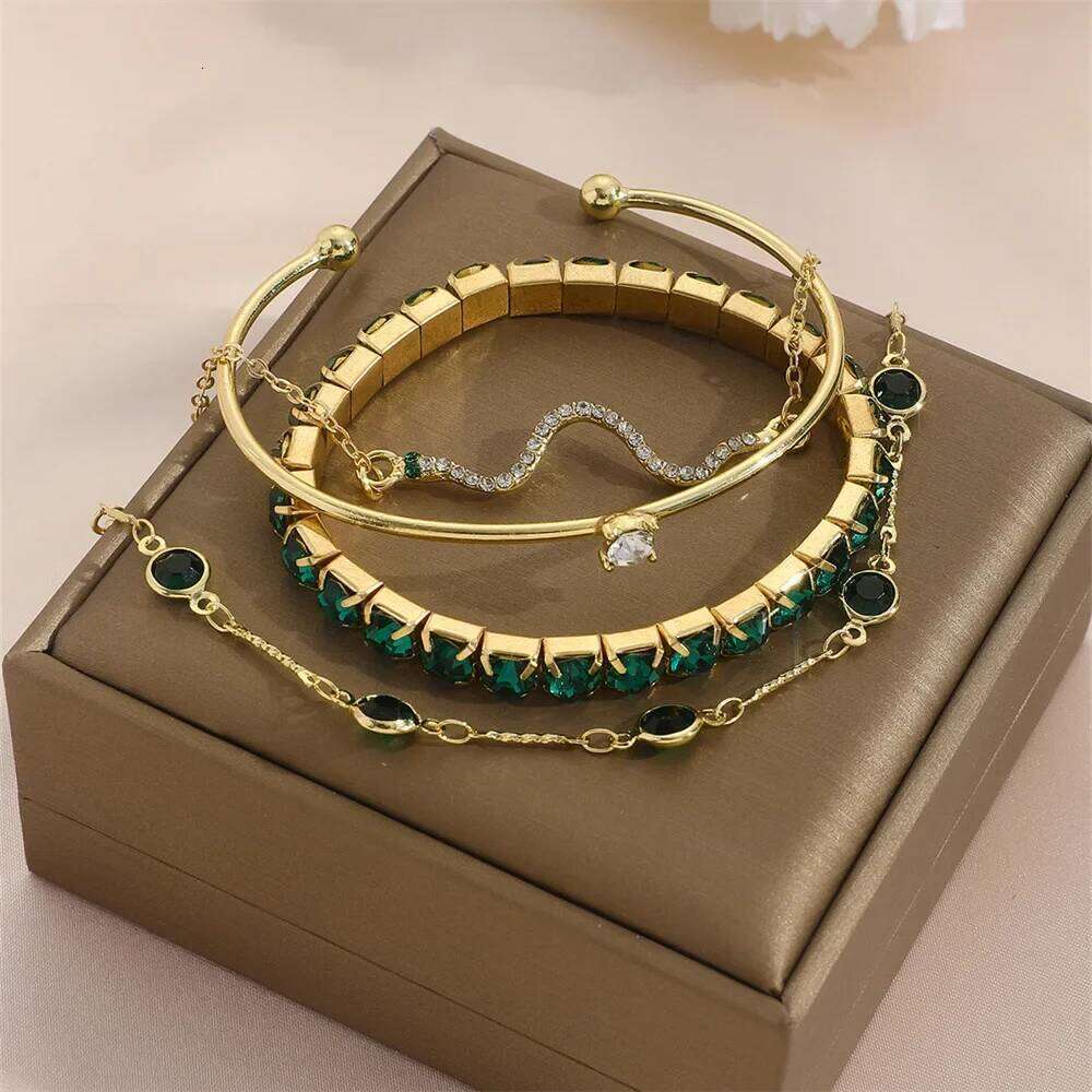 4Pcs/Set Fashion Snake Green Gemstone Bangle Rhinestone Full Metal Bracelet For Women Birthday Party Christmas Gift Jewerly Z260313