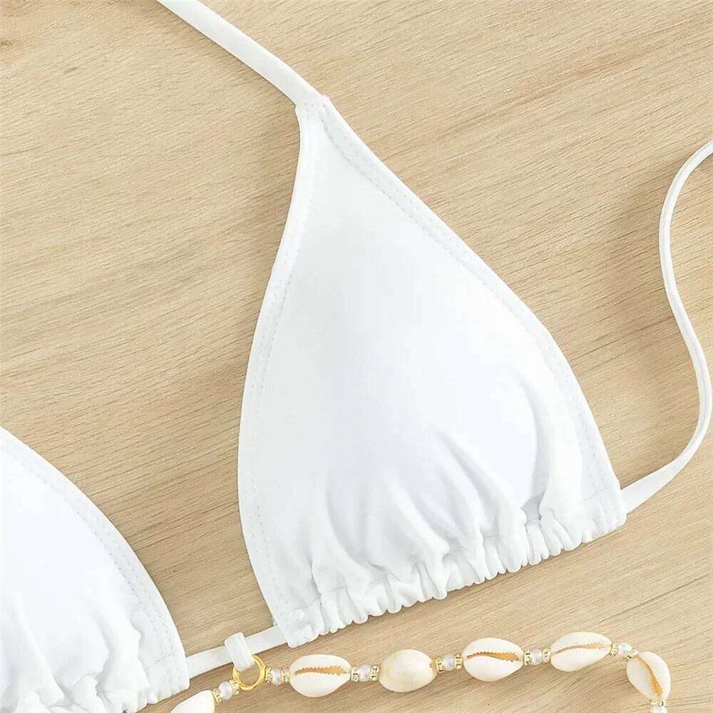 Sexy White Shell String Halter Triangle Bikini Set Women Swimwear Micro Thong Swimsuit Bathing Suit Mini Bikinis 2025 Mujer Swim Y260303