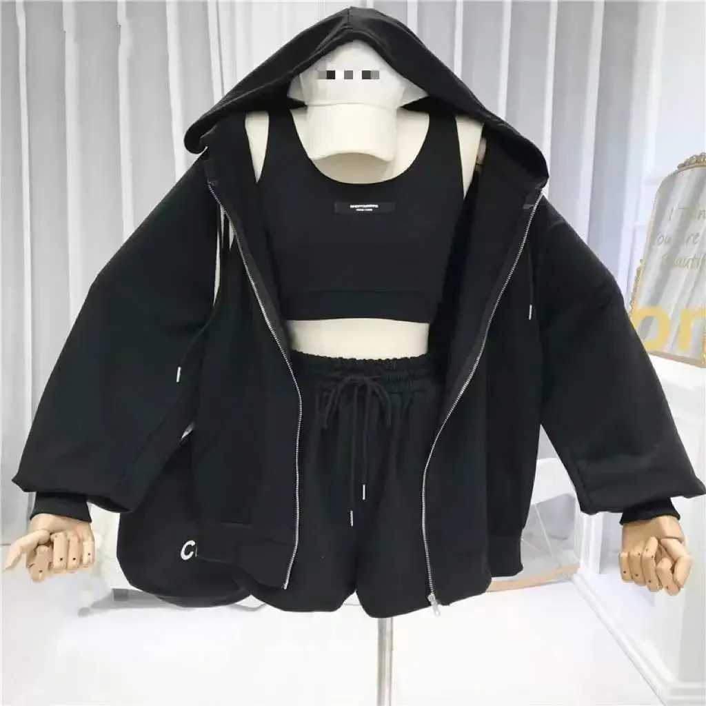 Shorts Three 3 Piece Sets Women Casual Vest Drawstring Short Hooded Zipper Jacket Sportswear Suits Y2k Streetwear Sports Hoodies M260313
