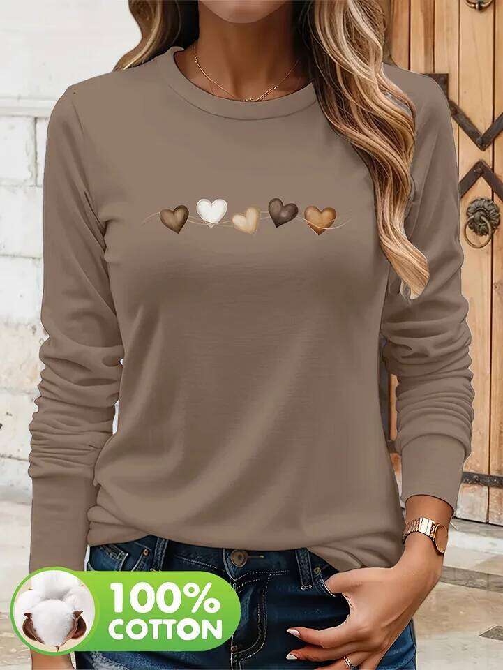 Women's autumn and winter 100% pure cotton fashionable casual heart-shaped printed round neck long sleeved T-shirt top Z260314