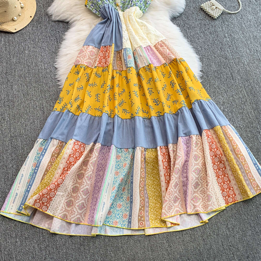 Dopamine Ethnic Belt Women's 2026 Summer Color blocked Flower Vacation Style Super Fairy Casual Long Dress