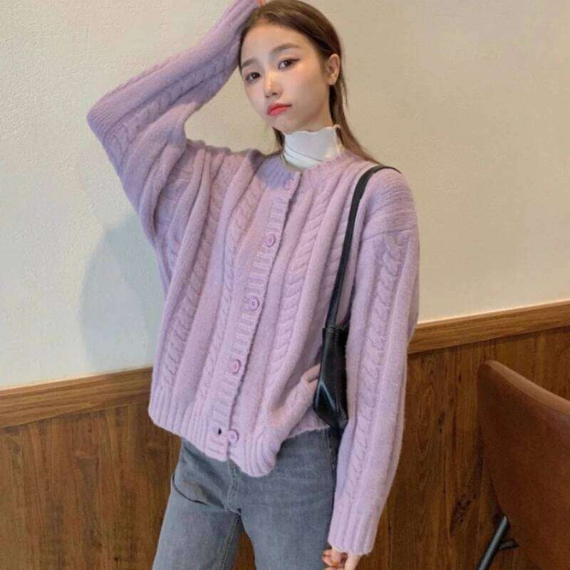 Autumn Winter Vintage Tops 2026 Knitted Cardigan Women Ladies O-Neck Purple Sweaters Lazy Style Loose Long Sleeves Coat Z260314