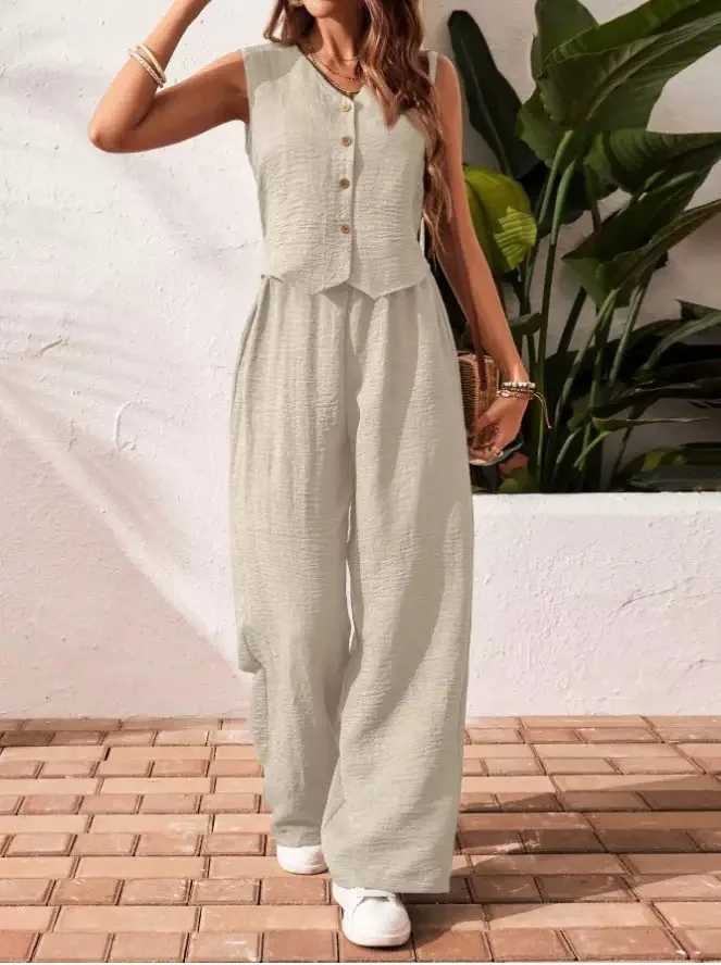 Casual Cotton Linen V-neck Single Breasted Sleeveless Vest wide Leg Pants Womens Fashionable Comfortable Daily Commuting Set M260313