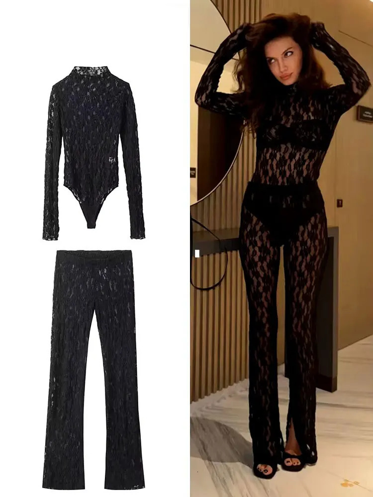 HH Womens Lace Pants Sets Slim Jumpsuits Top High Waist Trousers Sexy Lady Floral Lace Translucent Y2k Bodysuit Suits 260309