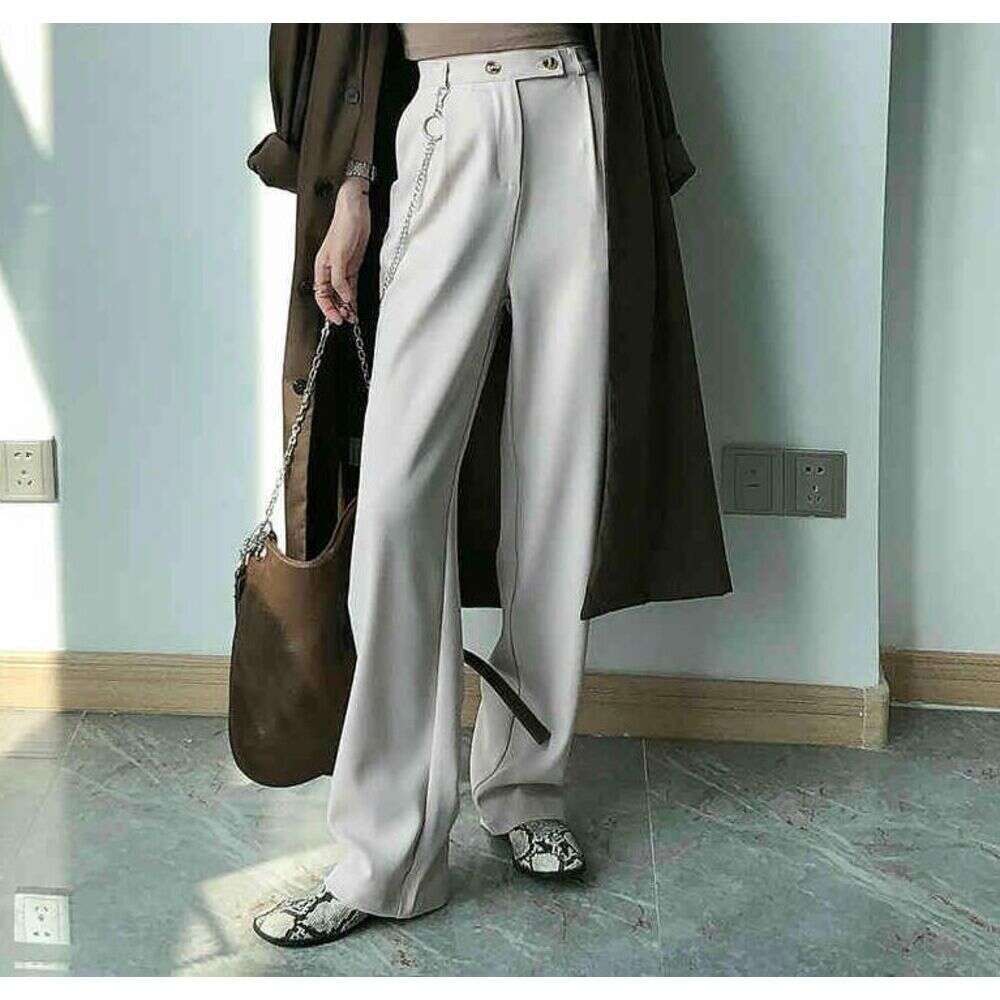 FORYUNSHES Women White Wide Leg Suit Pants Korean High Waist Loose Casual Straight Trousers Chains Aesthetic Office Clothes 210523 Z260312