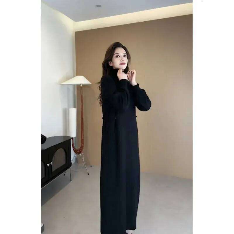 High-end Button Waist Design Thickened Sweater Women's Knee-length Mid-length Bottoming Knitted Dress Autumn and Winter Z260313