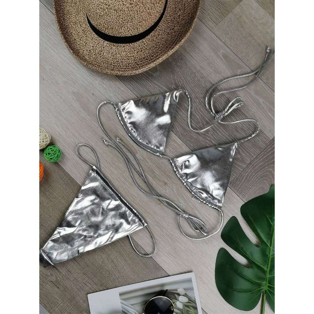 Sexy String Bikini Triangle Swimsuit Goth Silver Y2K Swimwear Women Backless Bathing Suit Micro Extreme Tanga mujer Beach Outfit Y260303