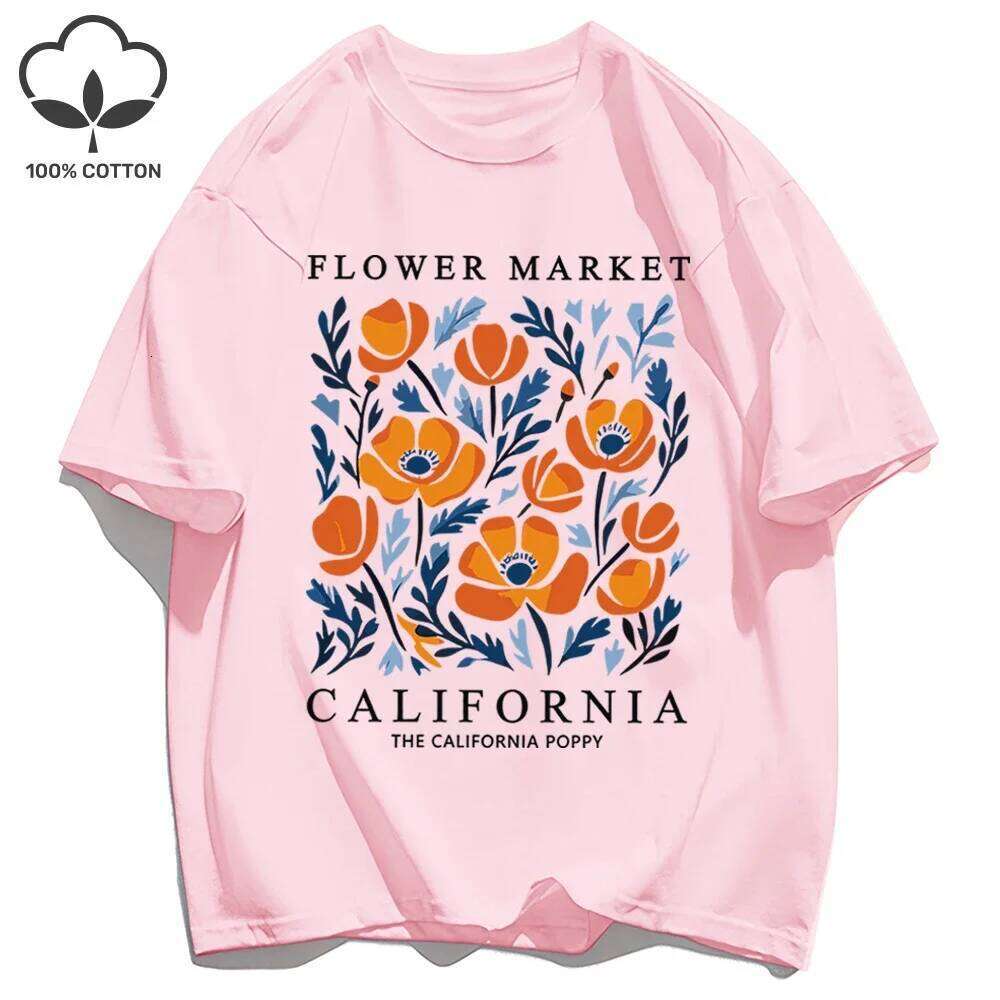 Yellow Flowers Market California Print T-Shirt Woman Soft Tee Top O-Neck Casual T Shirt Crewneck Sports Short Sleeve Z260314