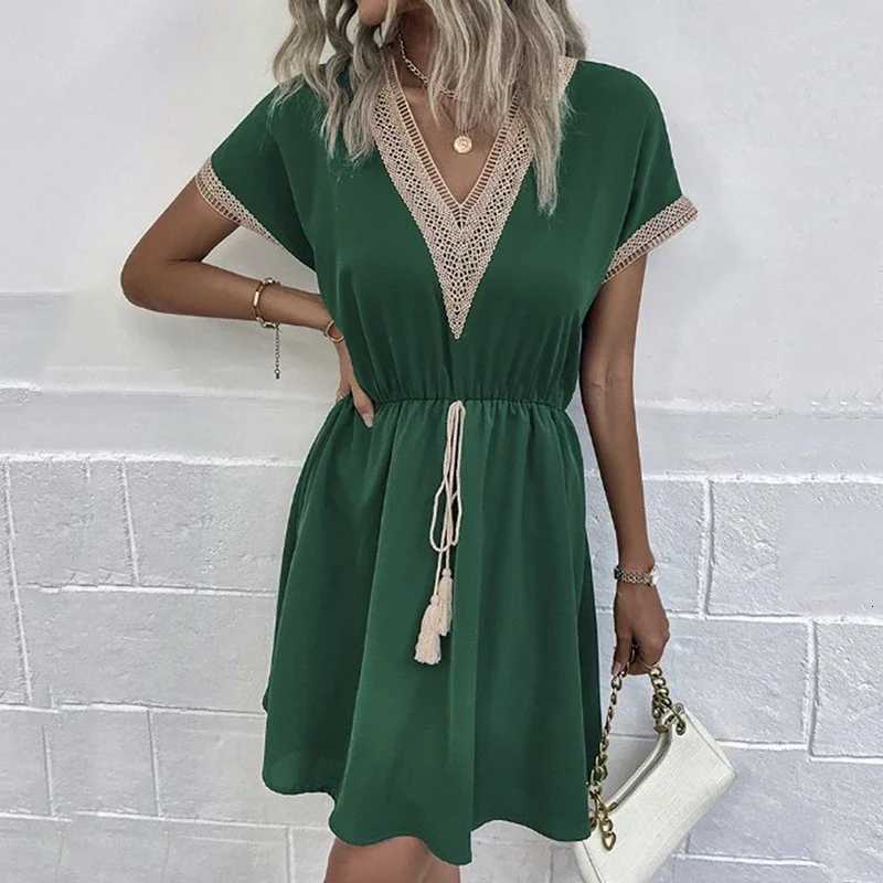 Summer Solid Short Sleeve Lace V Neck Waistband Female Beach Midi Short Dress Elegant Womens Sweet White Solid Color DressesT260314
