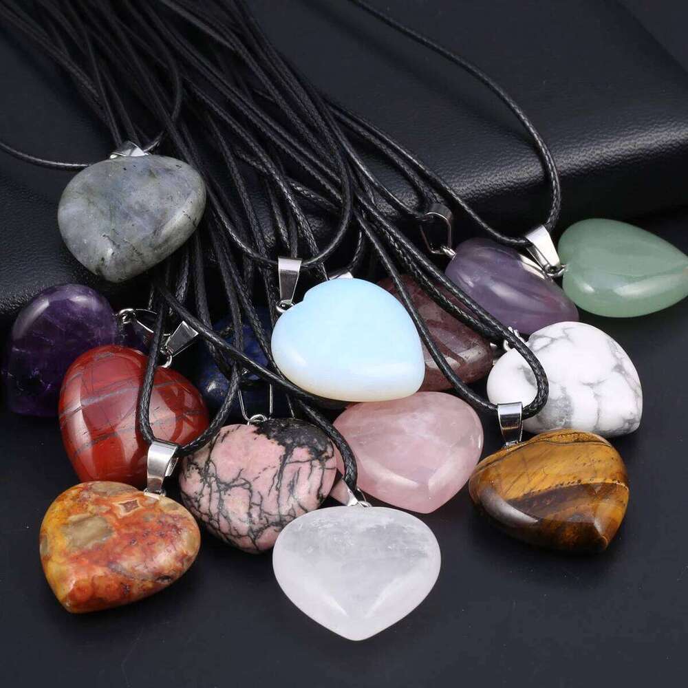 Natural Stone Crystal Pendant Necklaces Pink Quartz Lapis Lazuli Hearts Charm Leather Chain Necklace Chokers Jewelry Gift H260312