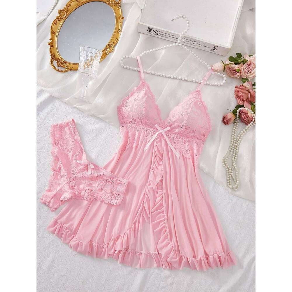 Lingerie Set Women Erotic Bra Nightdress Sexy Lace Solid Slim Soft V Neck Full Slip Sleepwear & Dresses