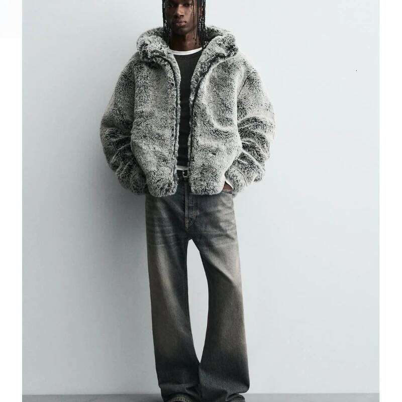 2025 Winter New Imitation Fur Men's Long Sleeve American Thick Hooded Plush Warm Jacket Loose Casual Trendy Fashion Top Z260313