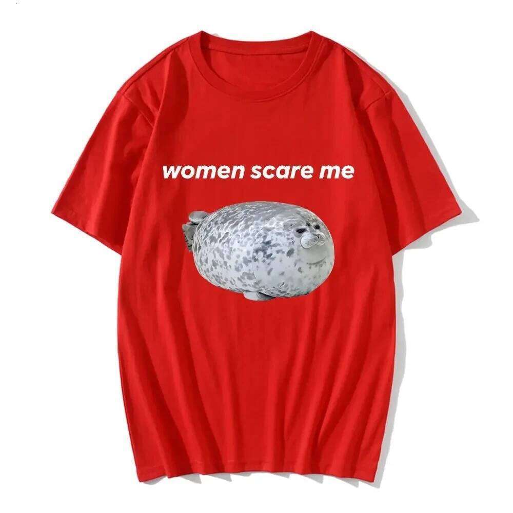 Scare Me Funny Seal Meme Graphic Print Tee Women Casual T-shirt Humor T Shirt Novelty T-Shirt Japanese Tops Z260314