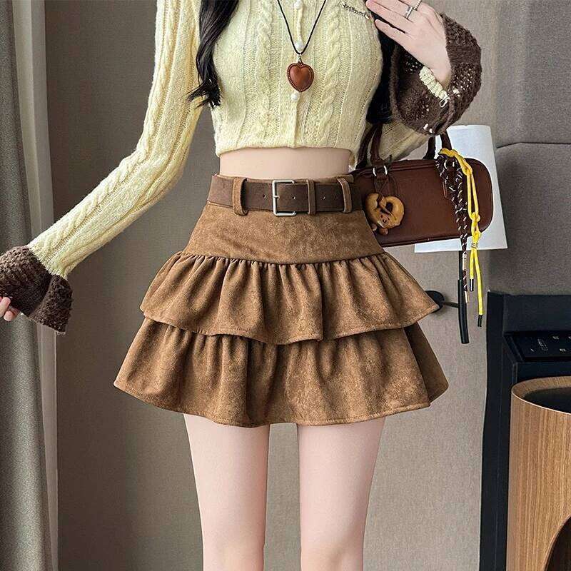 Seoulish High Waist Vintage Velvet Women's Cake Short Skirts with Belted 2025 New Autumn Winter Ruffles A-line Mini Skirt Female Z260314