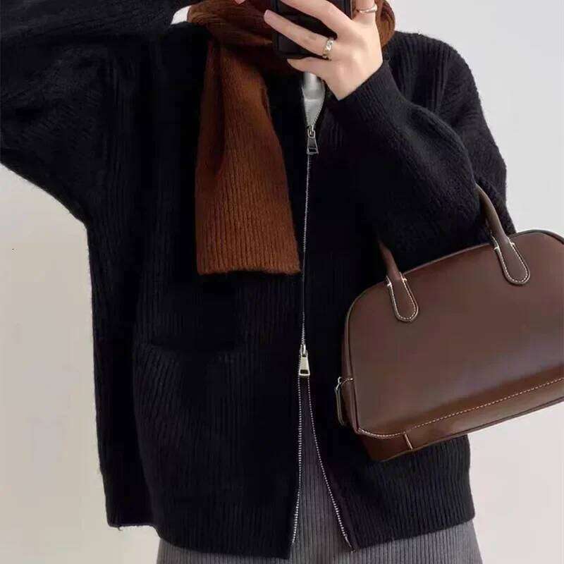 Women's Sweater Jacket Autumn Winter Retro Solid Color Double Zipper Knitted Cardigan Loose O Neck Oversized Sweaters for Women Z260313