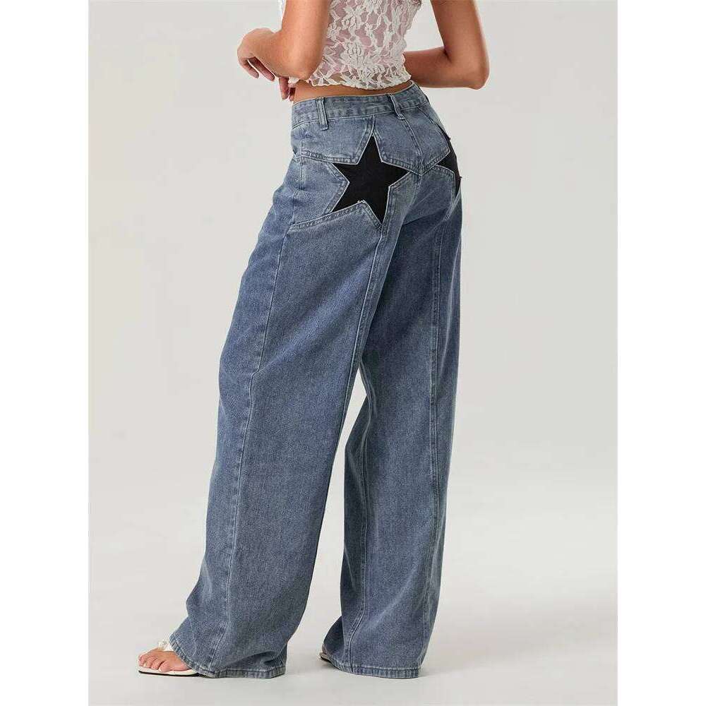 Women Fashion Jeans Star Pattern Loose Denim Spring Fall Casual Low Waist Trousers Wide Leg Pants Z260313