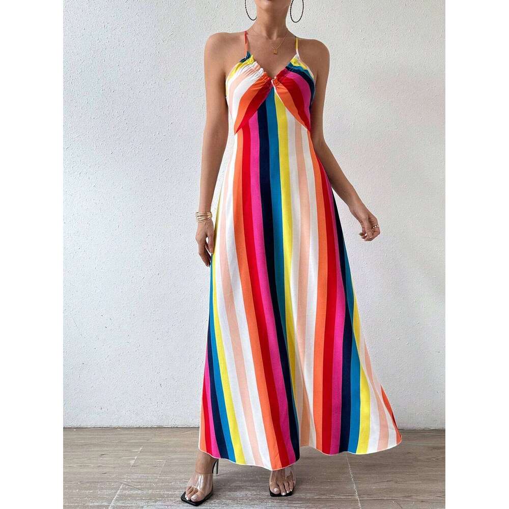 Women's Ethnic Pattern Backless Split Thigh Ladies Summer Clothes Boho Fashion Frill Trim Long Dress for Beach