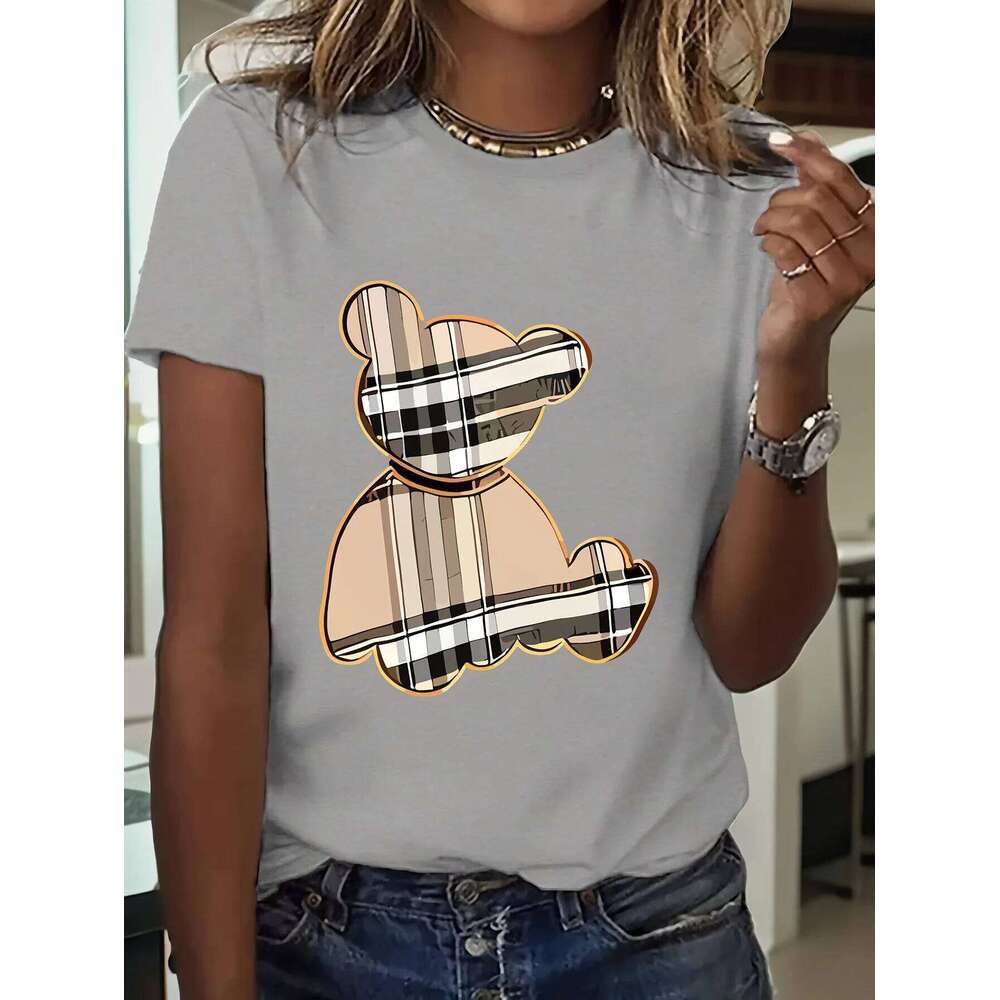 Women's Sporty Casual Striped Bear Print T-Shirt - Breathable Moisture-Wicking Lightweight Soft Round Neck Short Sleeve Top Z260314