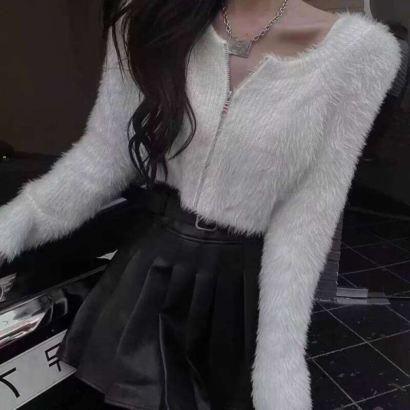 Fashion Korean Style Autumn Women Long Sleeve O-neck Zipper Knit Sweater Spring Solid Sexy Short Top Elegant Fluffy Knitwear Z260314