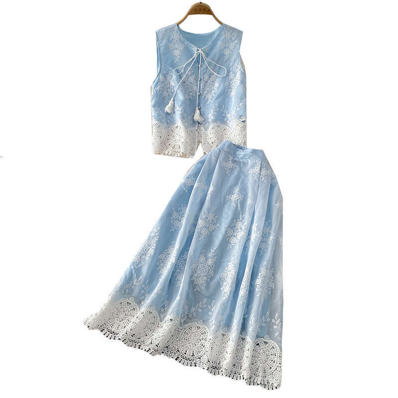 2026 designer French high-end blue lace up hollow sleeveless vest high waist slim fit skirt set