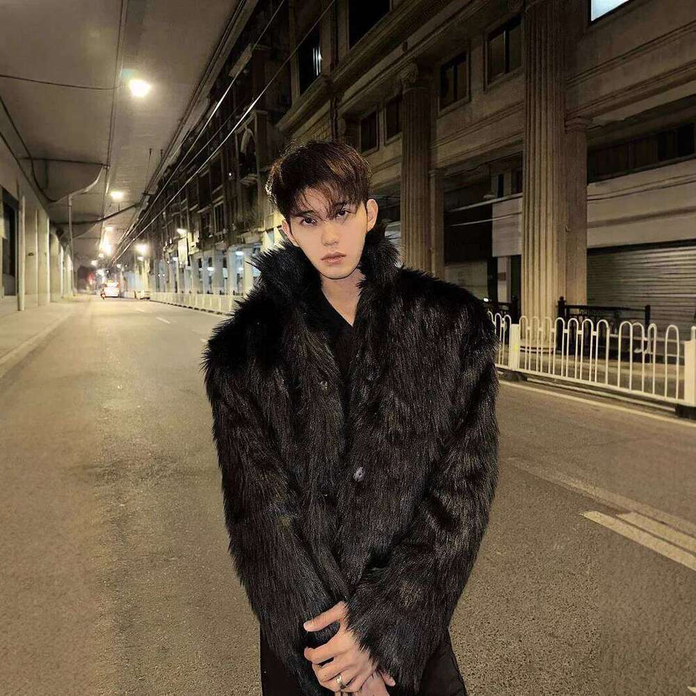 Autumn Winter New Fashion Men's Black Solid Color Casual Trendy Loose Stand Collar Long Sleeve Faux Fur Coats Male Clothes Tops Z260313