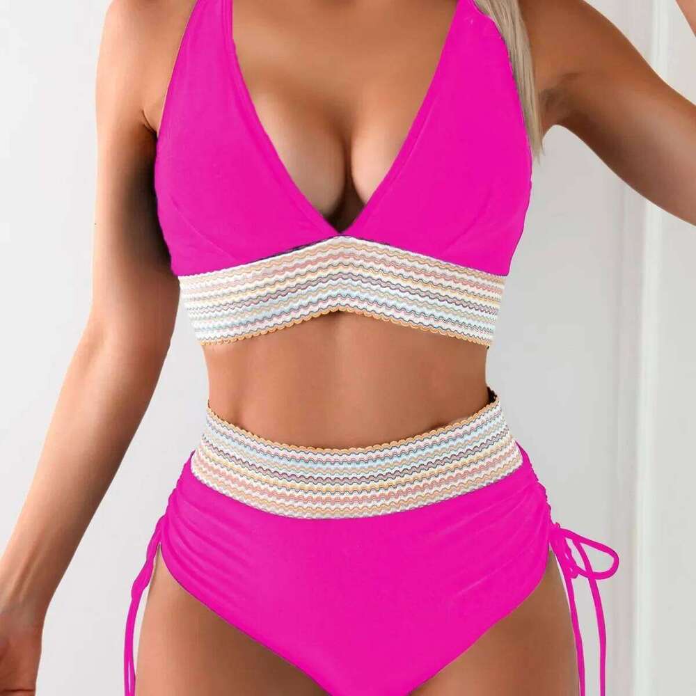 High Waist 2025 New Deep V Backless Sexy Bikini Split Swimsuit Beach Vacation Style Y260303