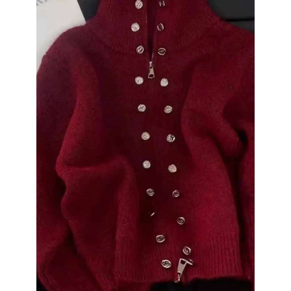 Fluffy Knitted Cardigan Sweater Double Breasted Stand-up Collar Knitwear Women Autumn High-end Lazy Zipper 2000s Y2k Knit Top Z260313