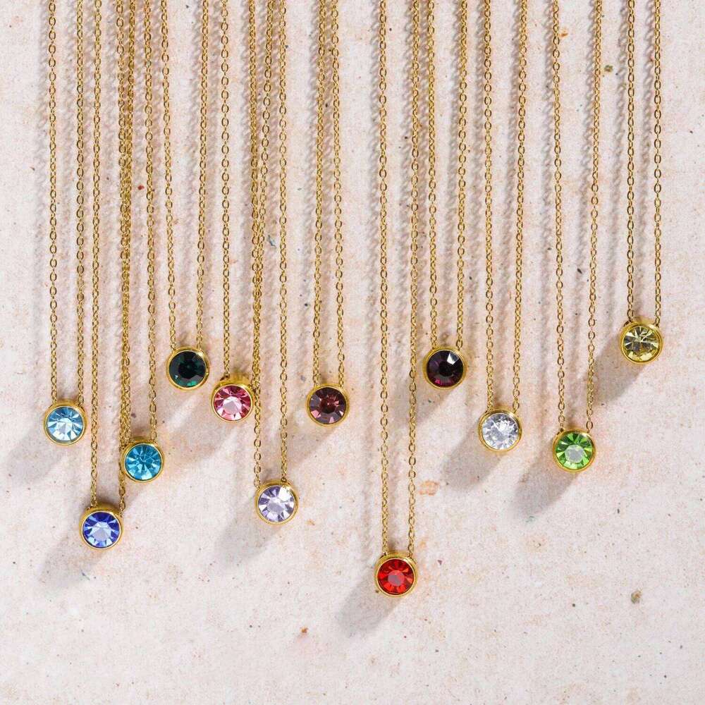 CARLIDANA Best Sell Round Zirconia Stainless Steel 12 Month Crystal Birthstone Pendant Gold Color Necklace For Women Jewelry H260312