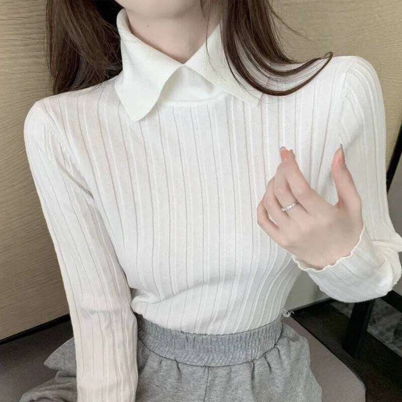 Women Korean Fashion Elegant Polo Collar Ribbed Knitted Sweater Autumn Winter Solid Long Sleeve Slim Pullover Tops Basic Jumper Z260313