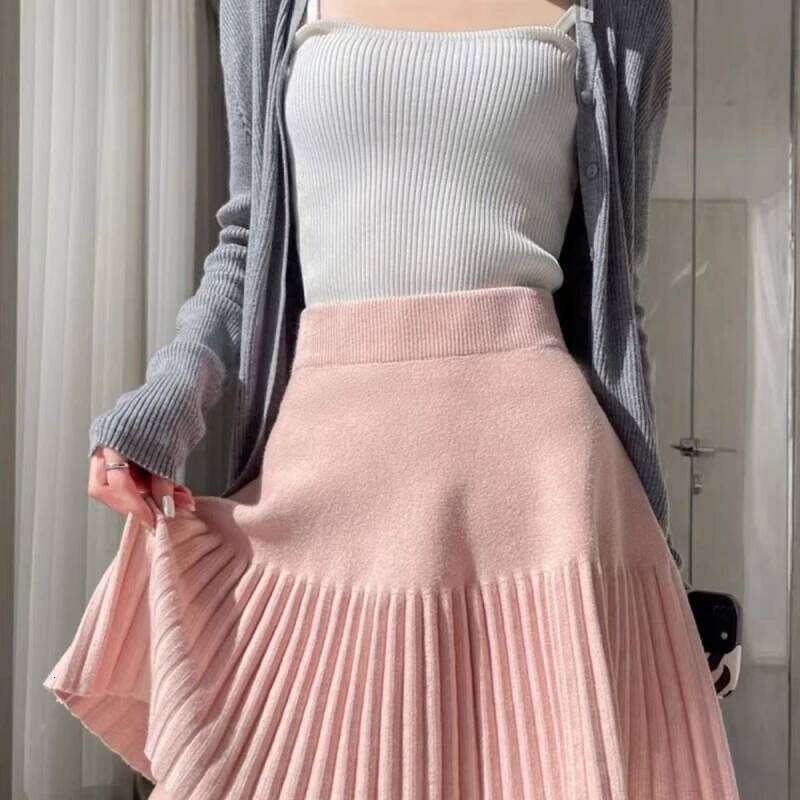 2025 Spring Autumn New High-waisted A-line Skirt Women Knitted Pleated Shirts Lady Solid Color Preppy Style Mini Skirts Z260314